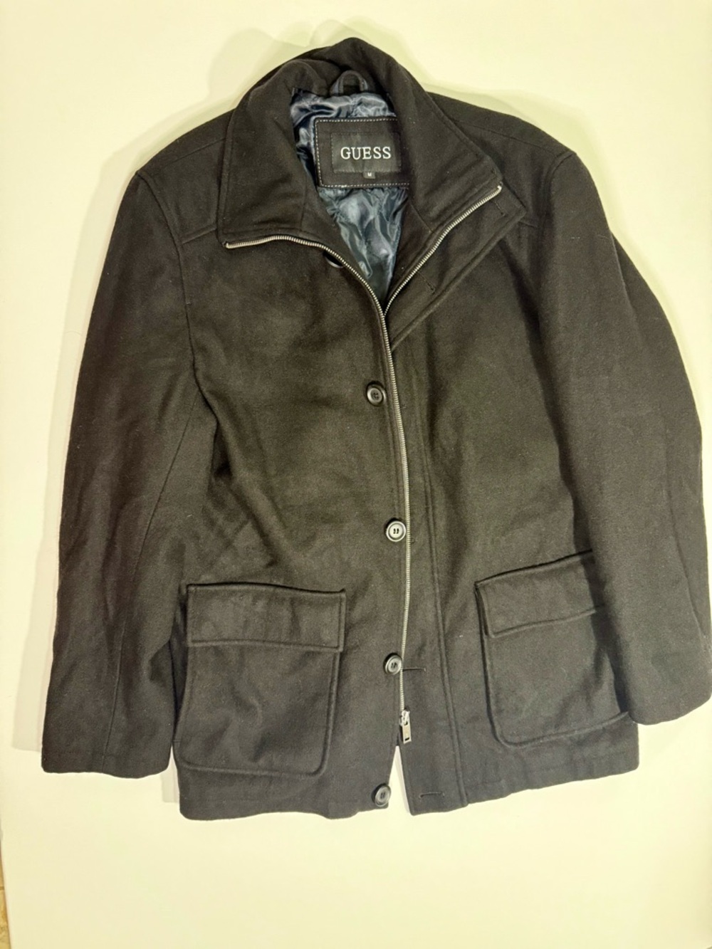 GUESS Women's Black Pea Coat with Zip & Button Placket
